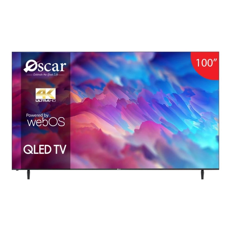 أوسكار شاشة سمارت 100 بوصة QLED 4K بنظام تشغيل WebOS وحامل معدني قابل للتعديل – بدون إطار